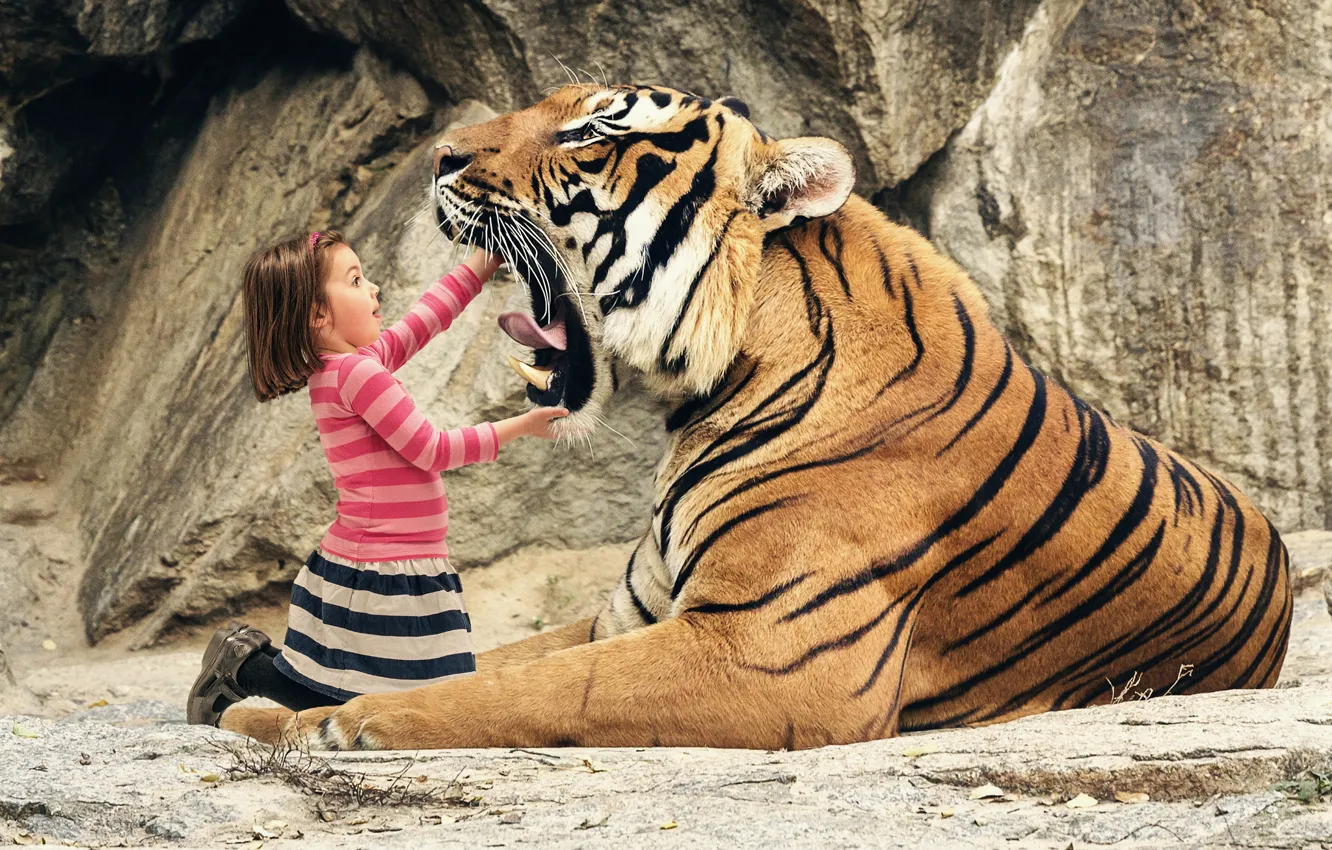 Photo wallpaper tiger, mouth, girl