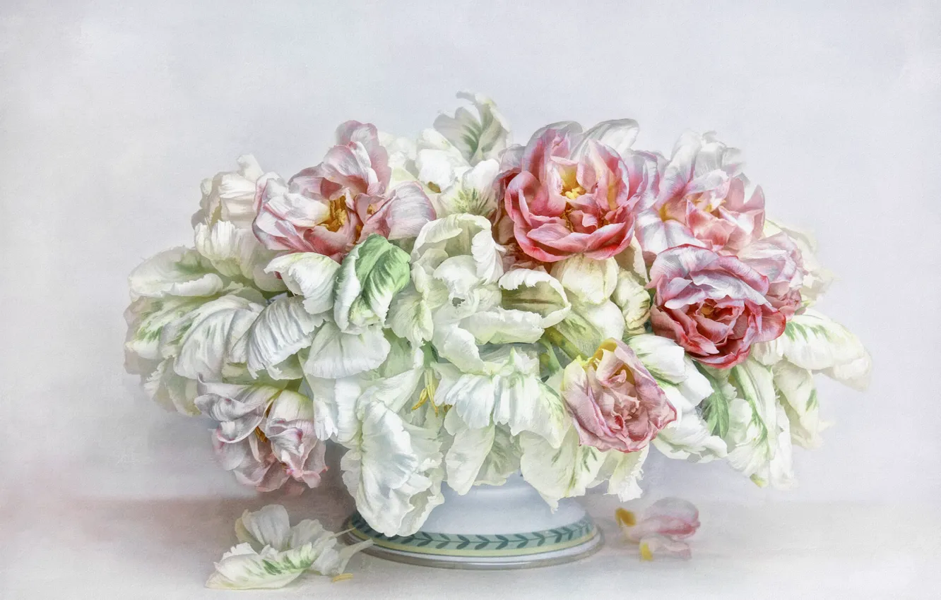 Photo wallpaper flowers, background, bouquet, petals, art, tulips, vase, pink