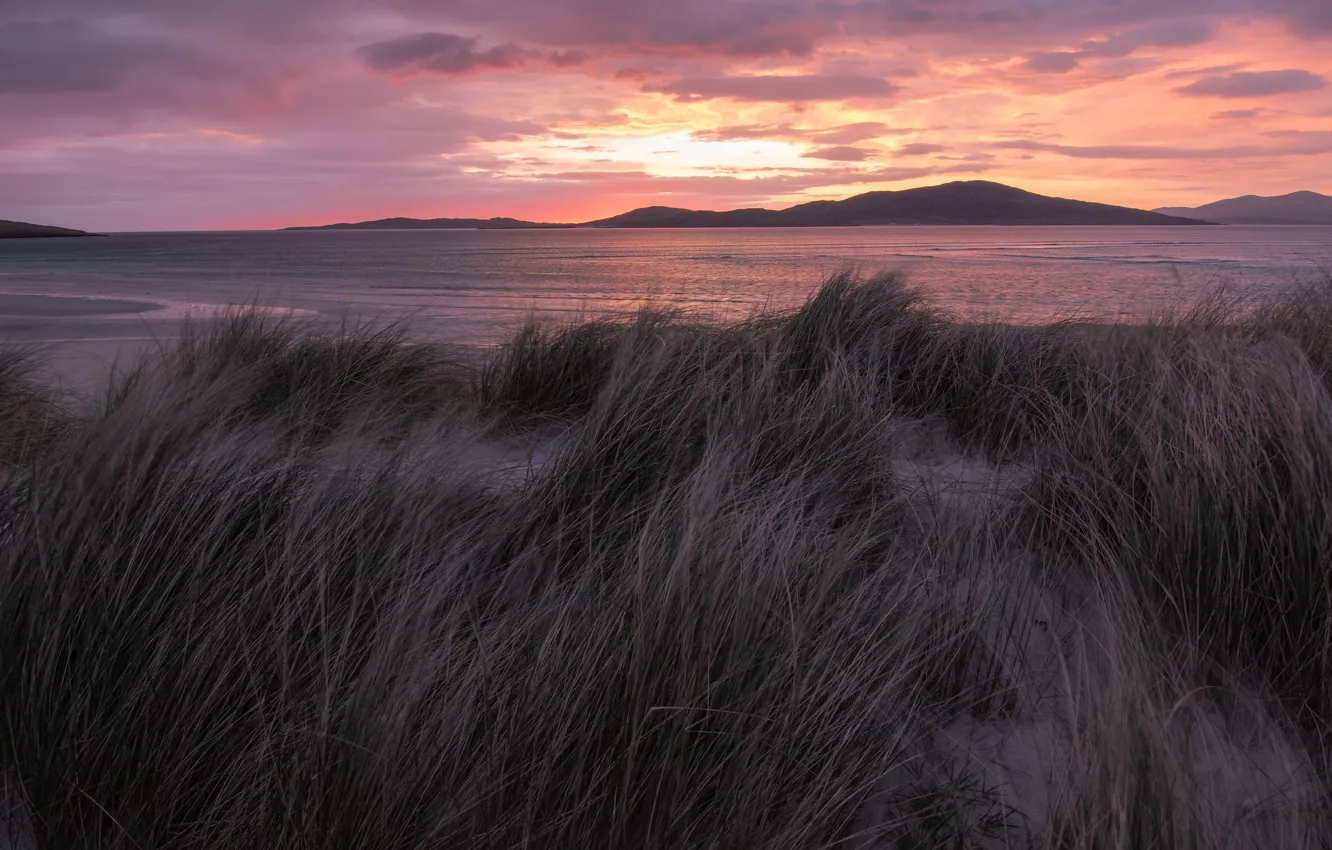 Photo wallpaper sand, sea, beach, the sky, grass, clouds, sunset, mountains