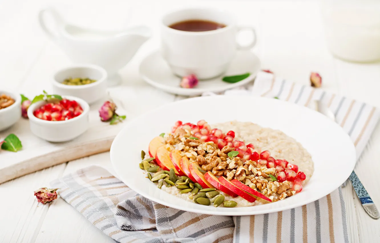 Photo wallpaper apples, Breakfast, nuts, slices, garnet, cereal, Timolina