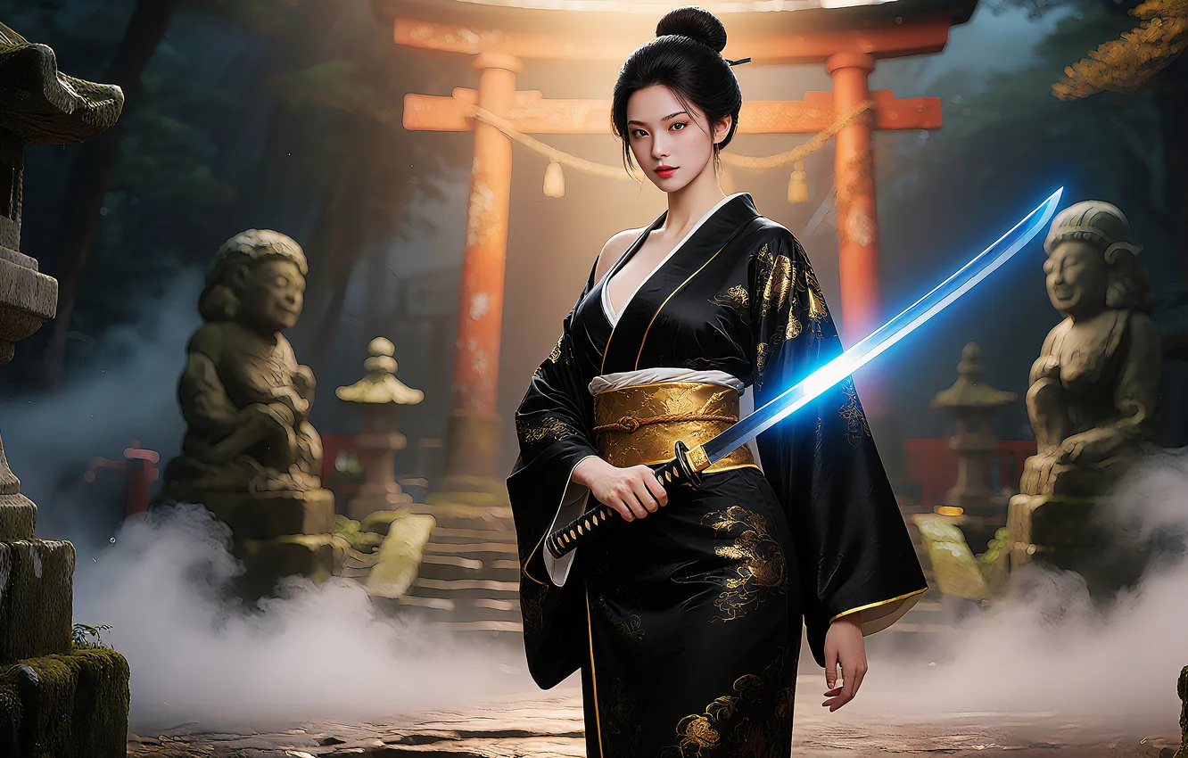 Photo wallpaper girl, sword, asian, ai art
