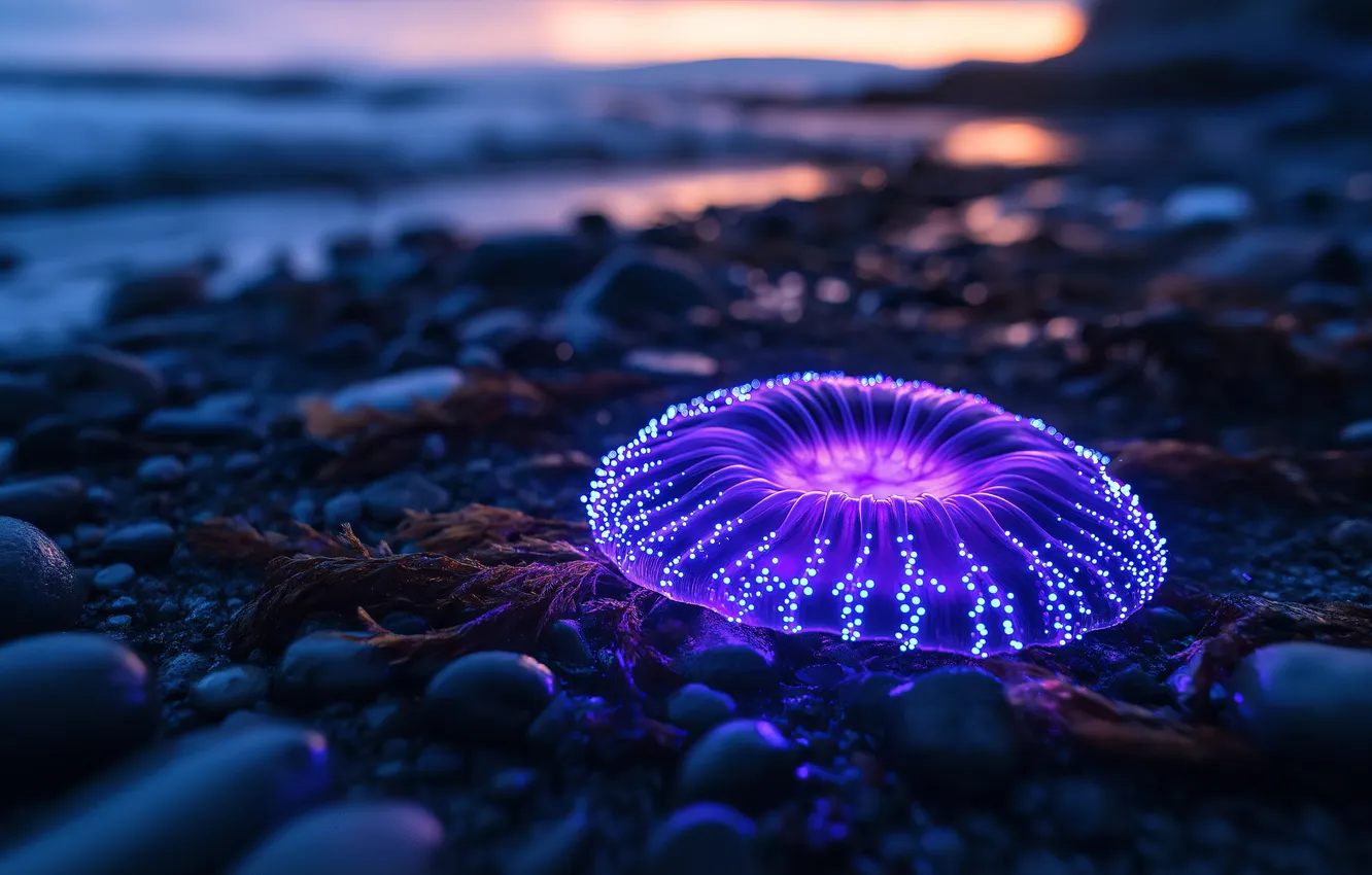 Photo wallpaper beach, jellyfish, beach, Jellyfish, AI Art, Bioluminescence, AI ART