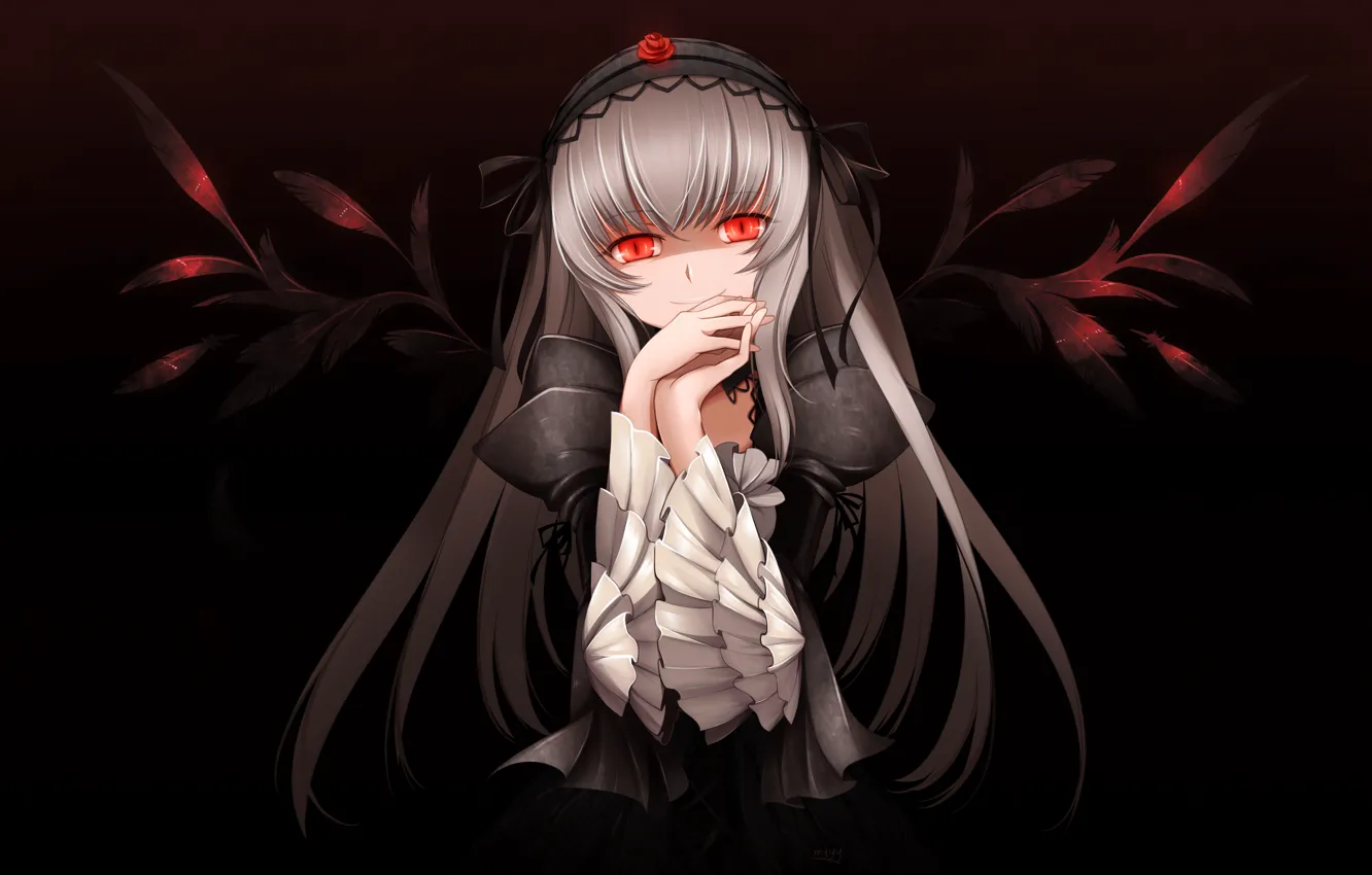 Photo wallpaper girl, the dark background, wings, feathers, art, red eyes, rozen maiden, suigintou