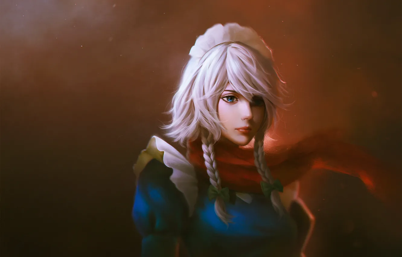 Photo wallpaper girl, background, scarf, art, braids, form, touhou, Izayoi Sakuya