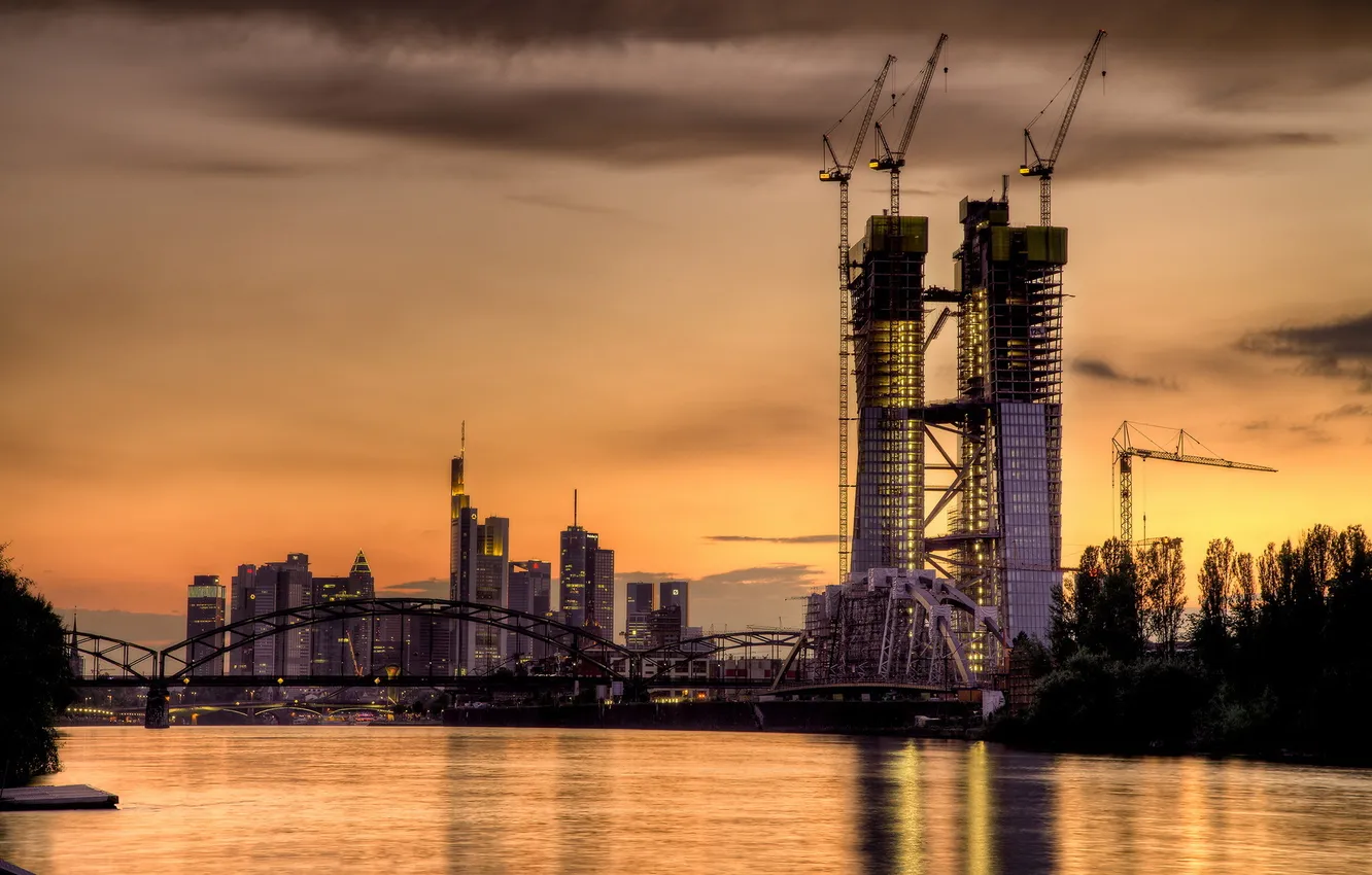 Photo wallpaper night, the city, pier, Frankfurt