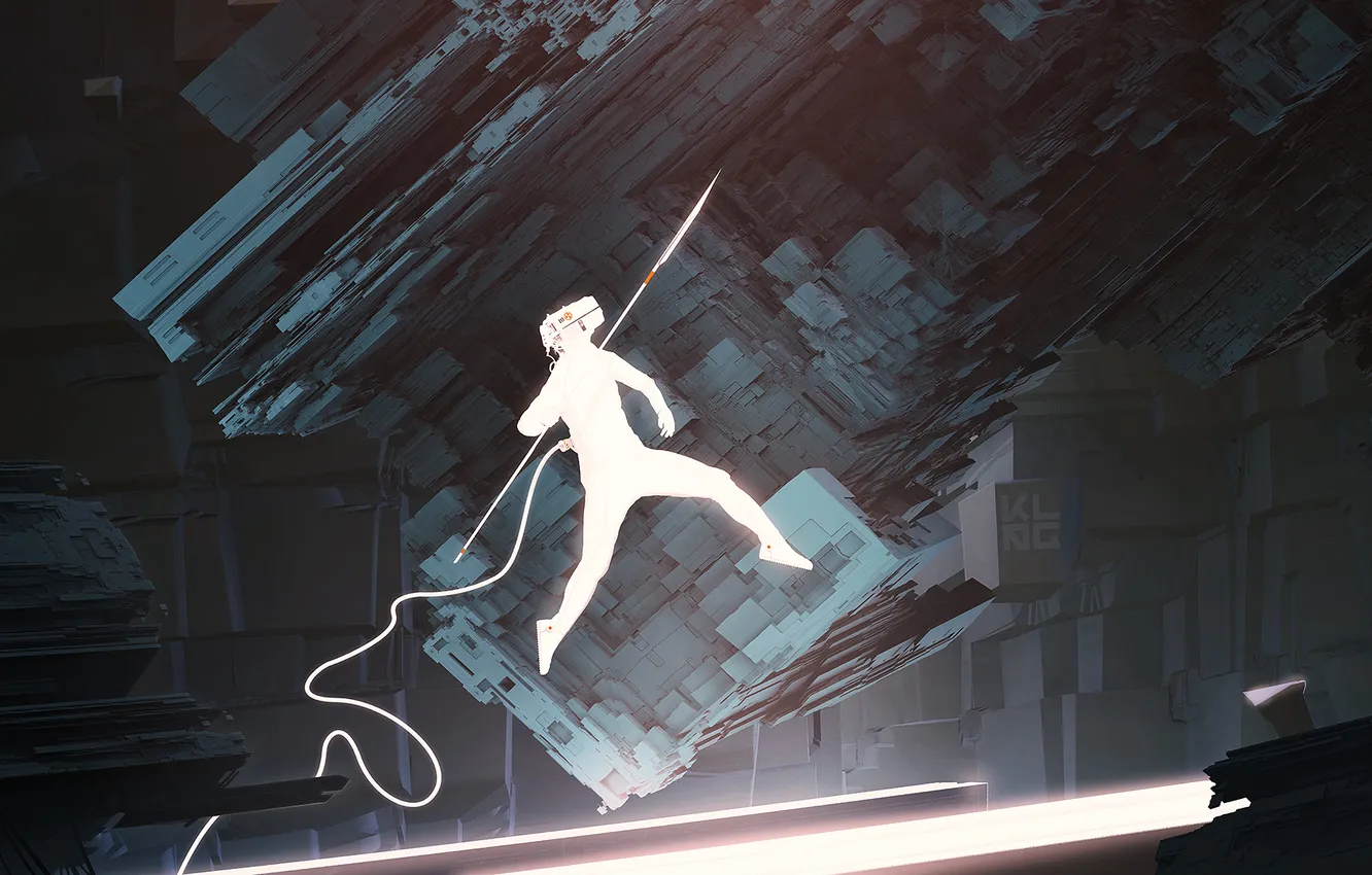 Photo wallpaper space, rocks, robot, art, spear