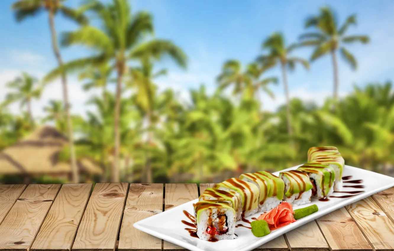 Photo wallpaper background, Board, sauce, background, sushi, sushi, rolls, seafood