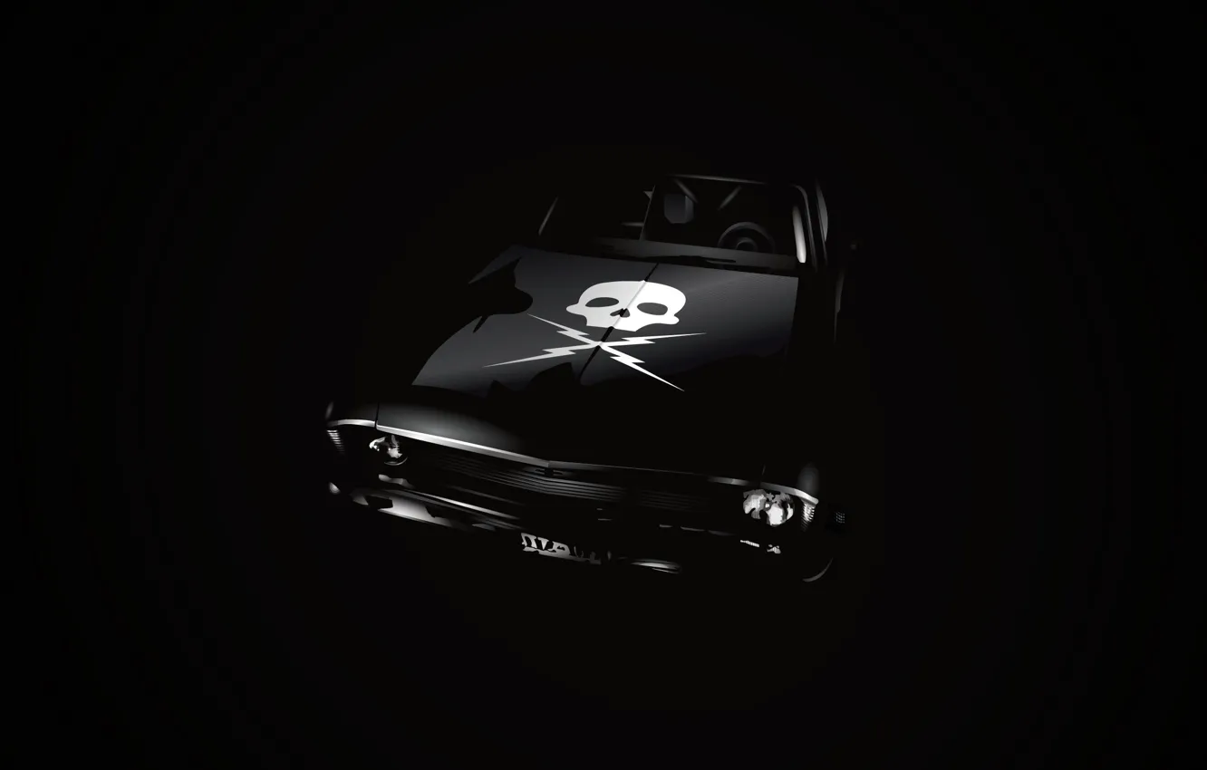 Photo wallpaper skull, Chevrolet, black background, Nova, Death proof, Death Proof
