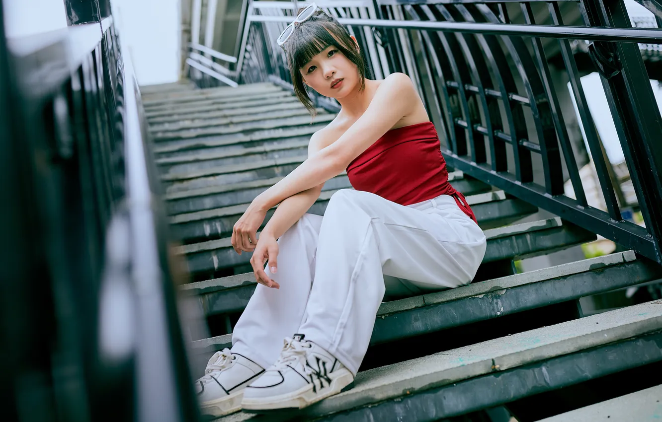 Photo wallpaper look, girl, pose, feet, jeans, hands, ladder, Asian