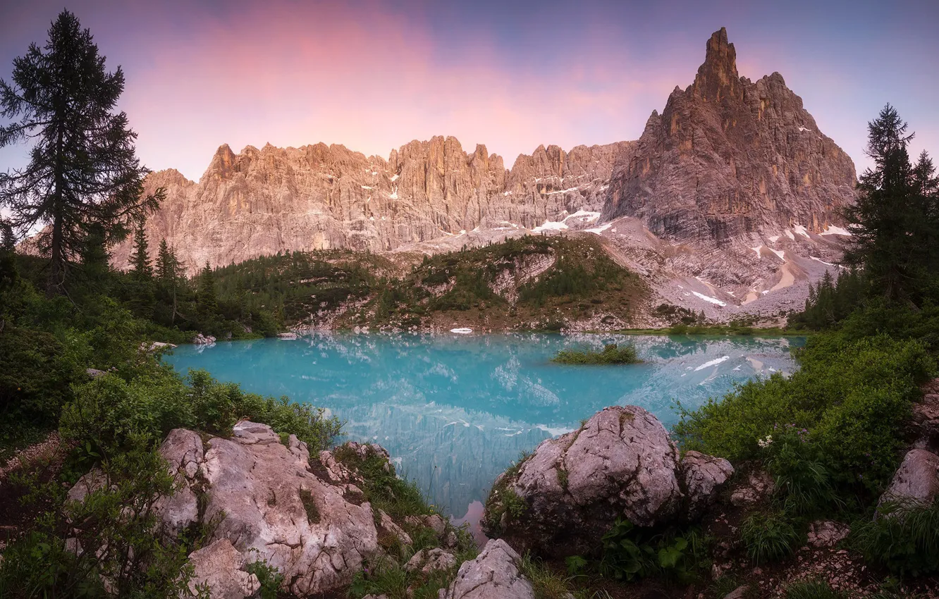 Photo wallpaper sunset, Dolomites, Lake Sorapis