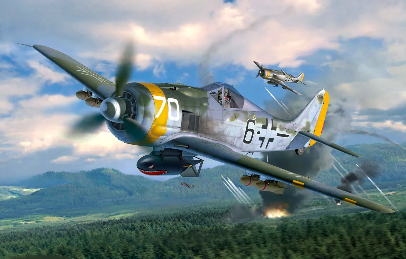 Photo wallpaper forest, mountains, lights, smoke, fighter-bomber, ETC 50, holders, Fw.190F