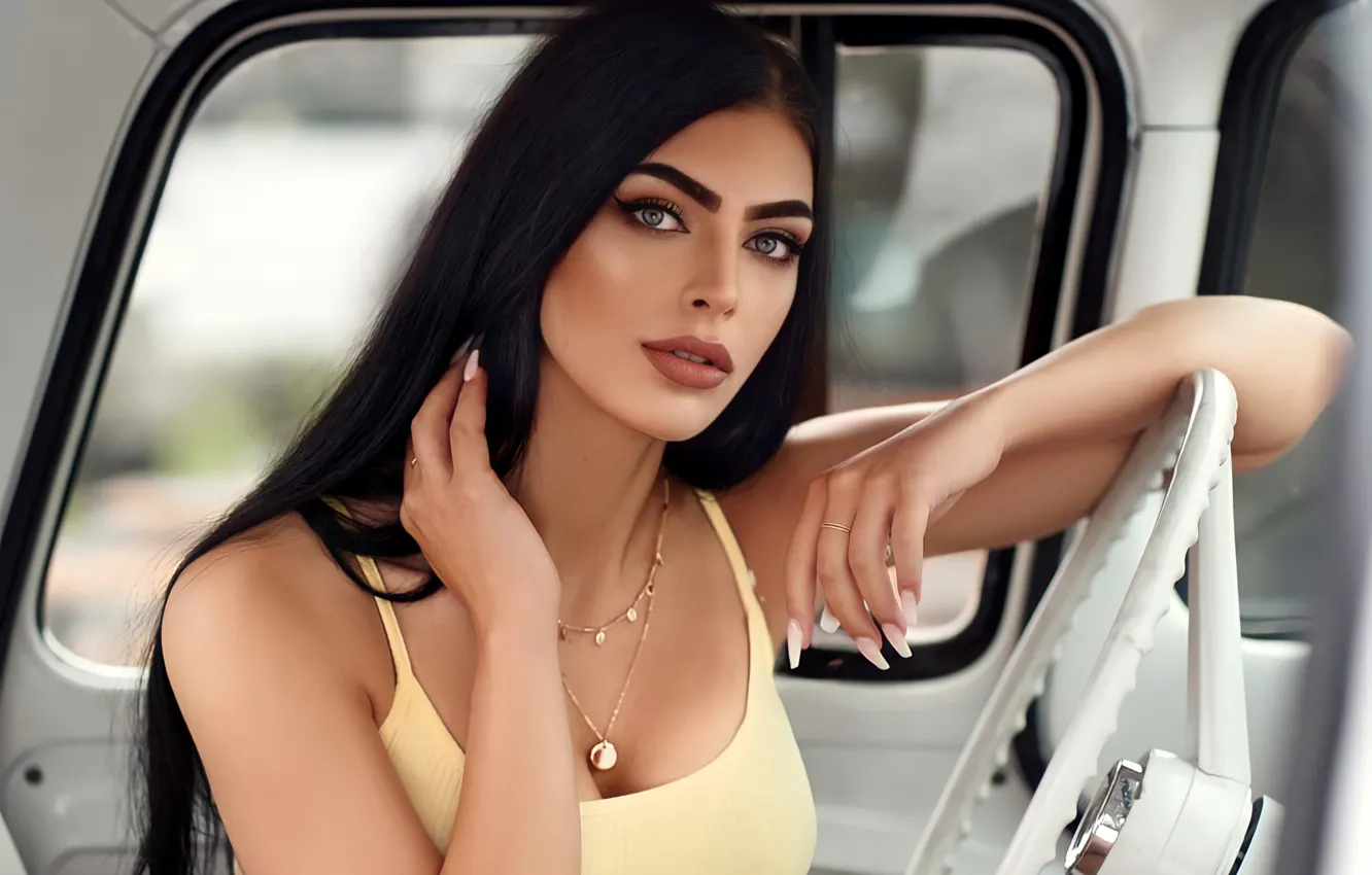 Photo wallpaper girl, model, pretty, face, brunette, pose, portrait, Jacklyn