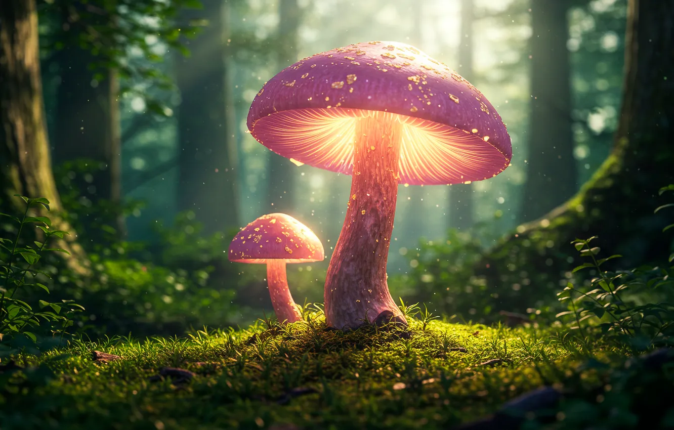 Photo wallpaper forest, night, fantasy, Wallpaper, mushrooms, art, wallpaper, pink