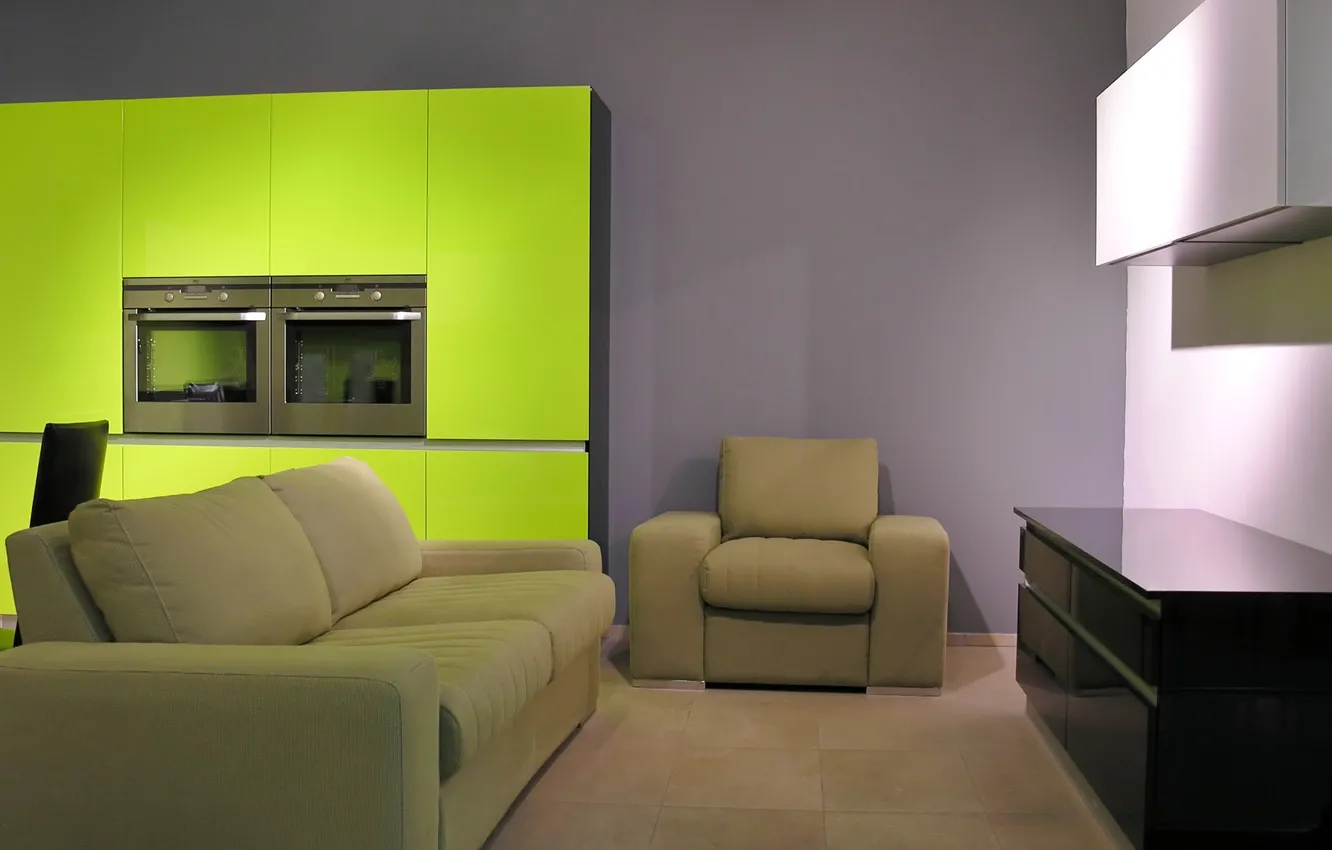 Photo wallpaper green, table, room, sofa, interior, chair, pillow, plate