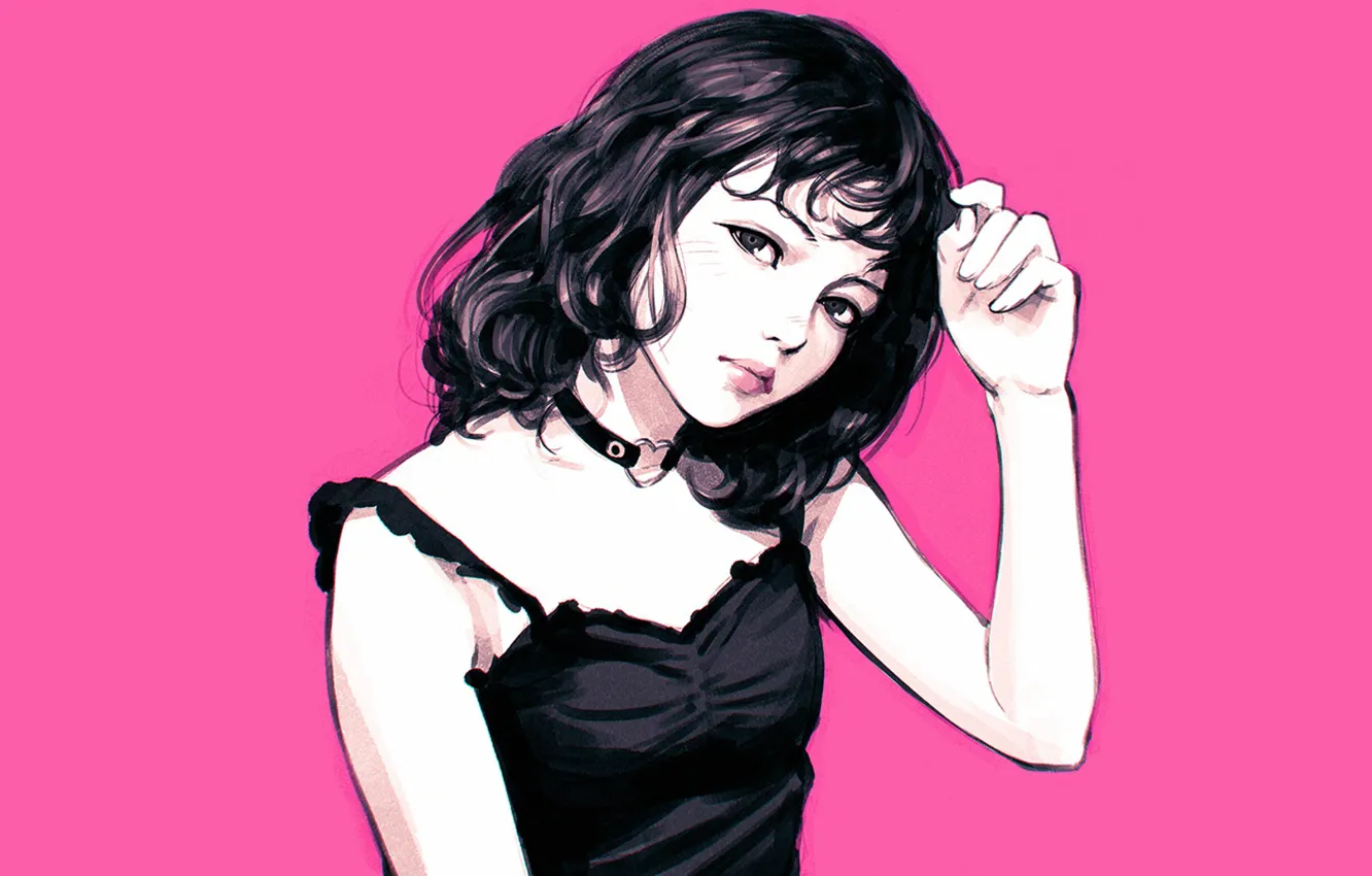 Photo wallpaper haircut, black dress, pink background, portrait of a girl, chalker, Kuvshinov Ilya