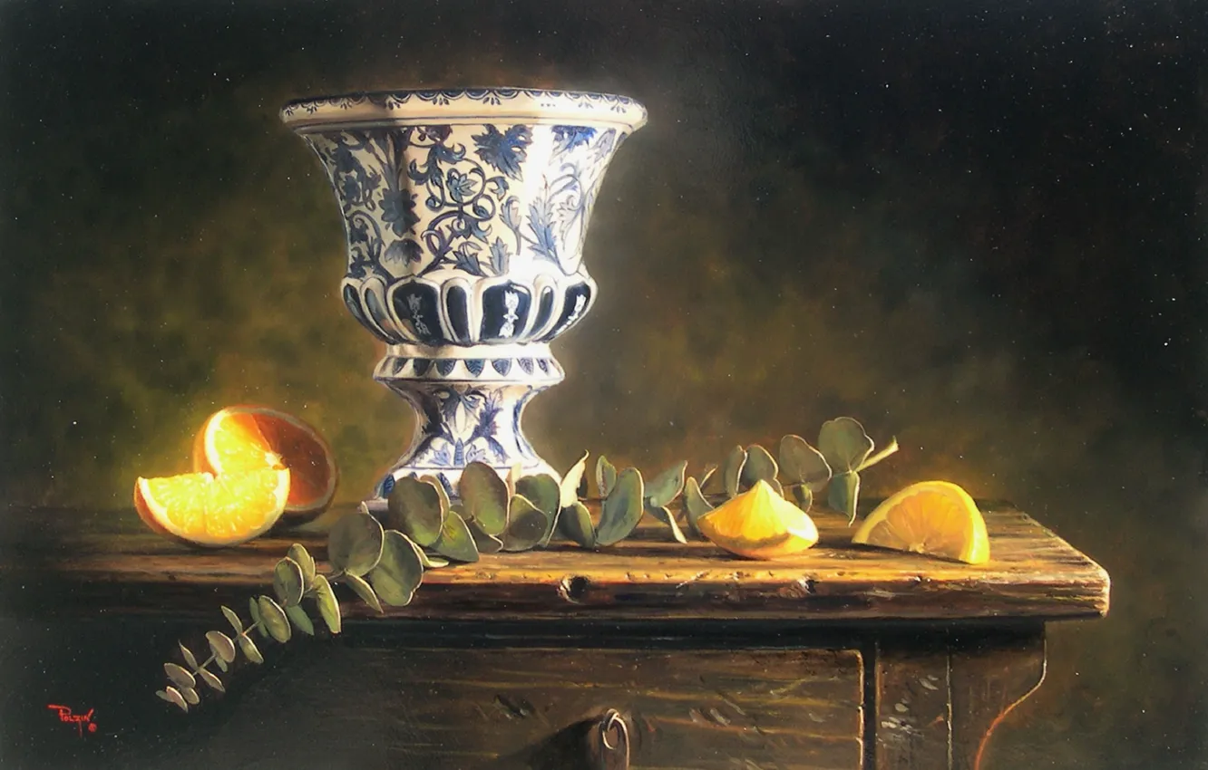Photo wallpaper macro, table, lemon, figure, picture, bowl, vase, still life