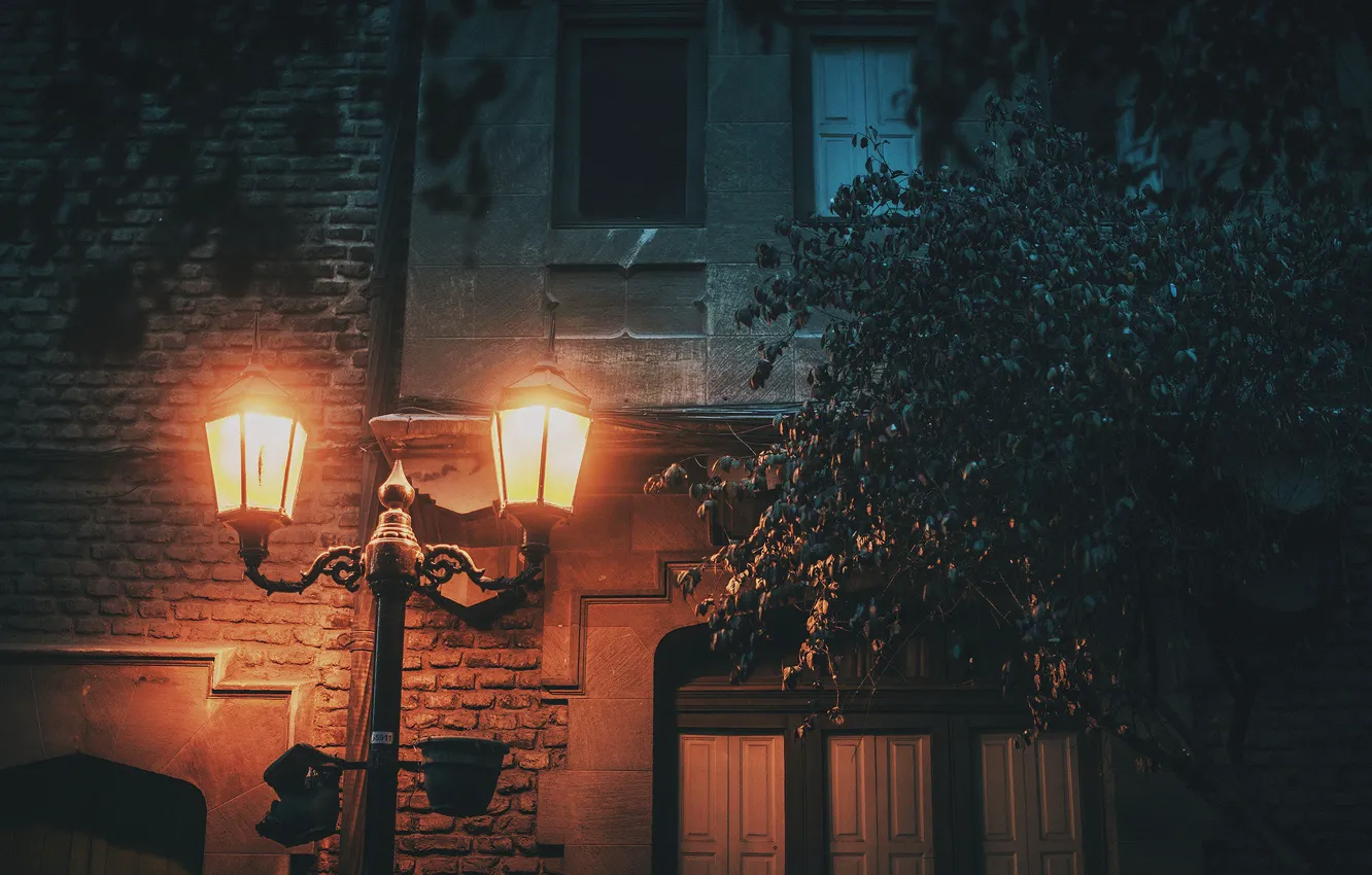 Photo wallpaper light, house, street, cityscape, lamp post, urban scene