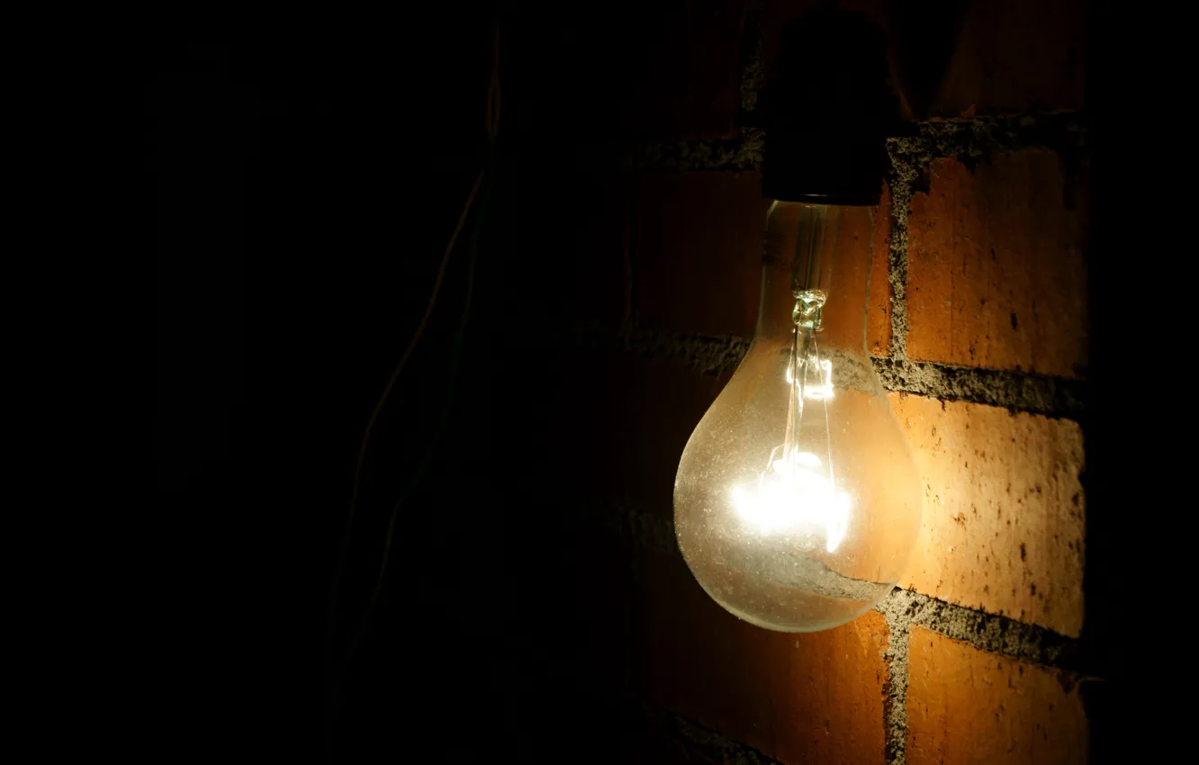 Photo wallpaper light bulb, light, wire, brick wall