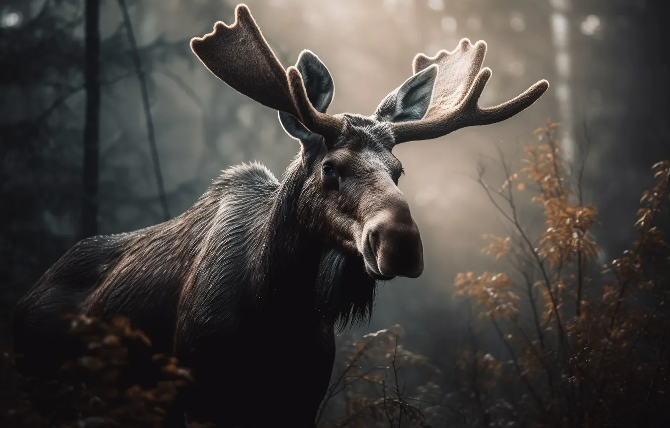 Photo wallpaper forest, horns, moose, digital art, AI art, The Art of Artificial Intelligence, neural network