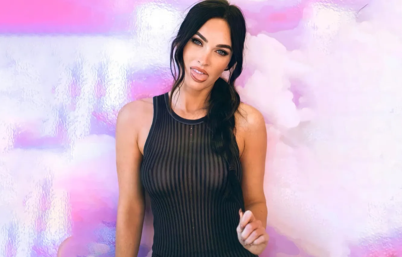 Photo wallpaper Megan Fox, girl, blue eyes, lips, brunette, look, actress, tongue