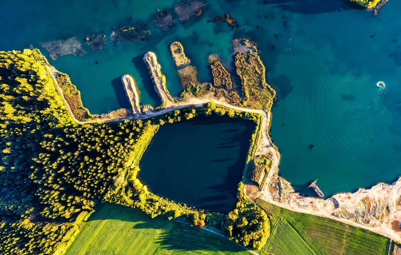 Photo wallpaper sea, summer, trees, pond, the view from the top