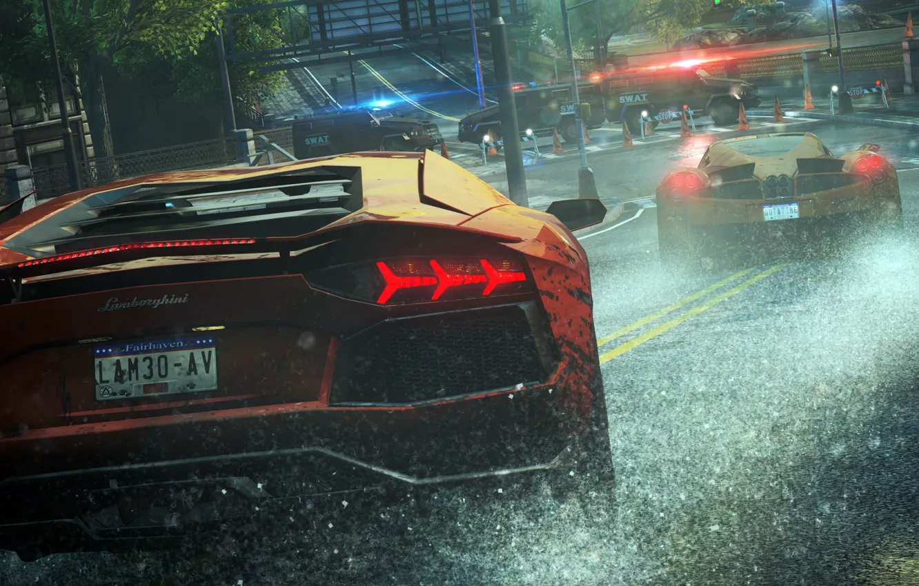 Photo wallpaper rain, race, police, Lamborghini, cars, Need For Speed Most Wanted, cars