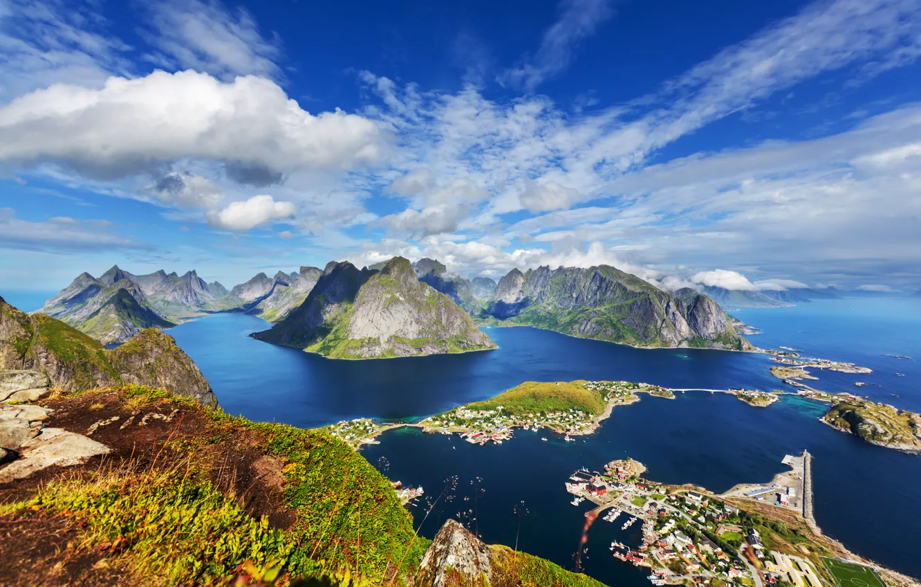 Photo wallpaper sea, Islands, clouds, mountains, coast, home, Norway, panorama
