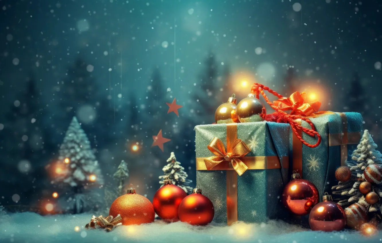 Photo wallpaper balls, Christmas, gifts, New year, box, Christmas decorations, Christmas decorations, AI art