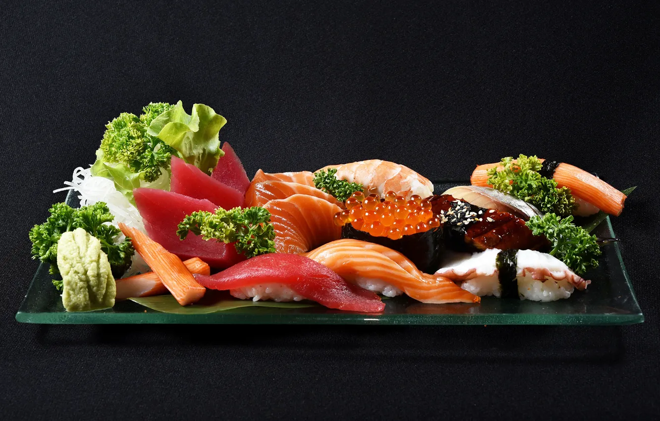 Photo wallpaper fish, caviar, sushi, shrimp, seafood