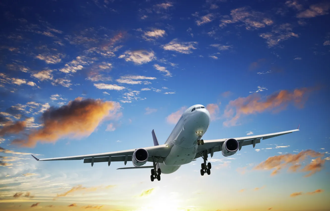 Photo wallpaper the sun, clouds, flight, the plane, the rise, in the sky, passenger, Airliner