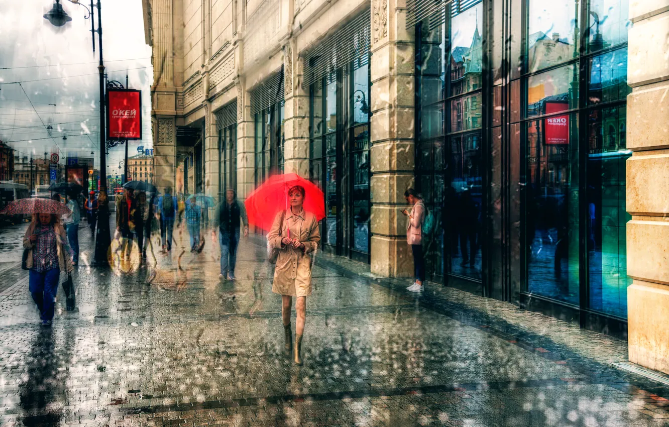Photo wallpaper girl, rain, umbrella, Saint Petersburg, passers-by