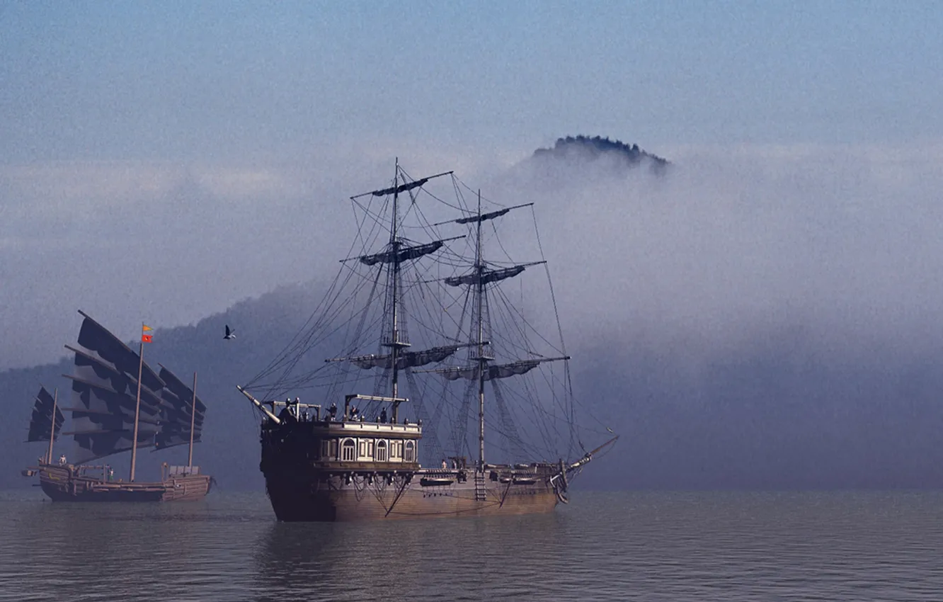 Photo wallpaper sea, fog, sailboat, morning, junk