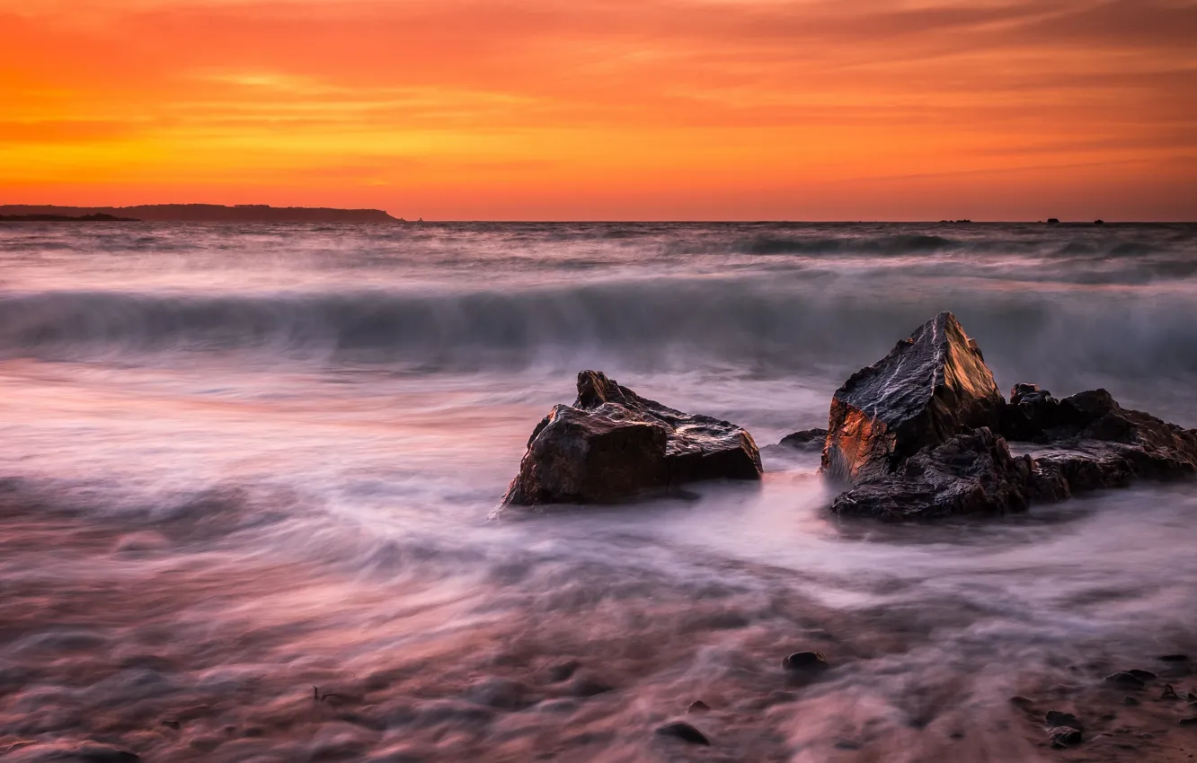 Photo wallpaper sea, wave, beach, clouds, landscape, sunset, nature, stones