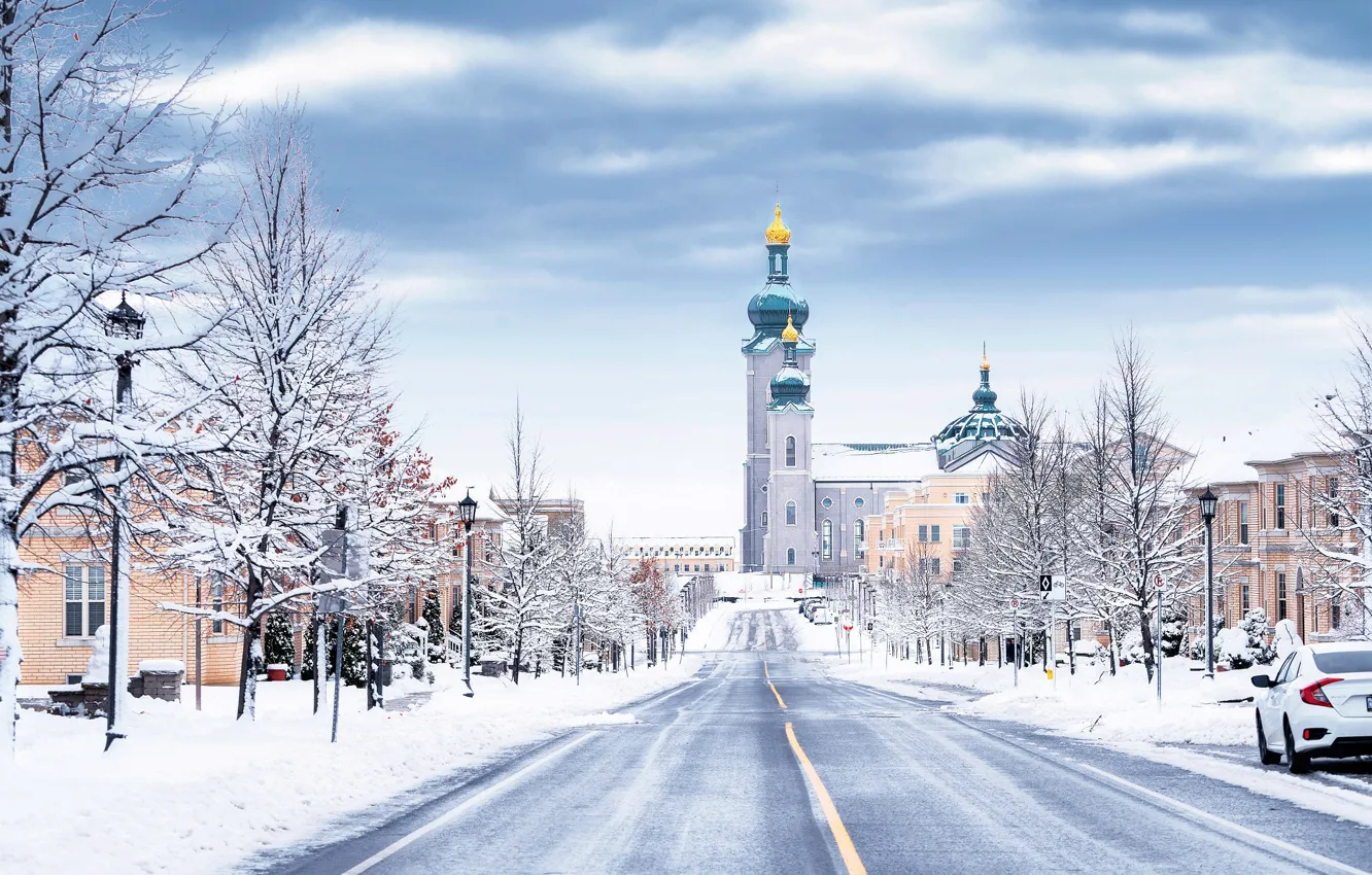 Photo wallpaper winter, frost, road, machine, the sky, clouds, snow, trees
