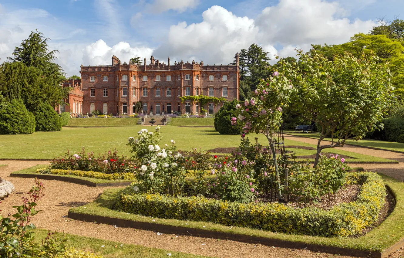 Photo wallpaper photo, England, Nature, Design, Trees, House, The bushes, Lawn