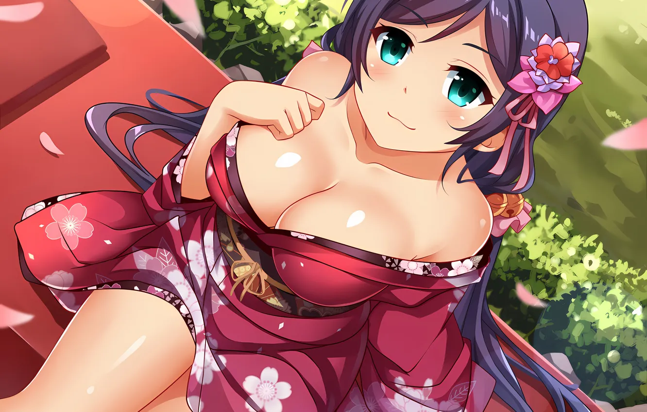 Photo wallpaper girl, sexy, cleavage, green eyes, long hair, dress, boobs, anime