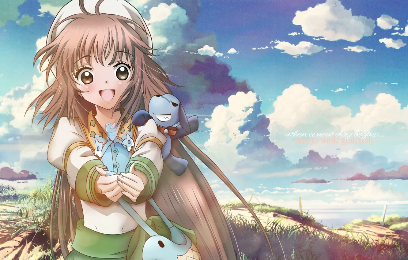 Photo wallpaper the sky, clouds, joy, hat, bag, art, CLAMP, kobato hanato