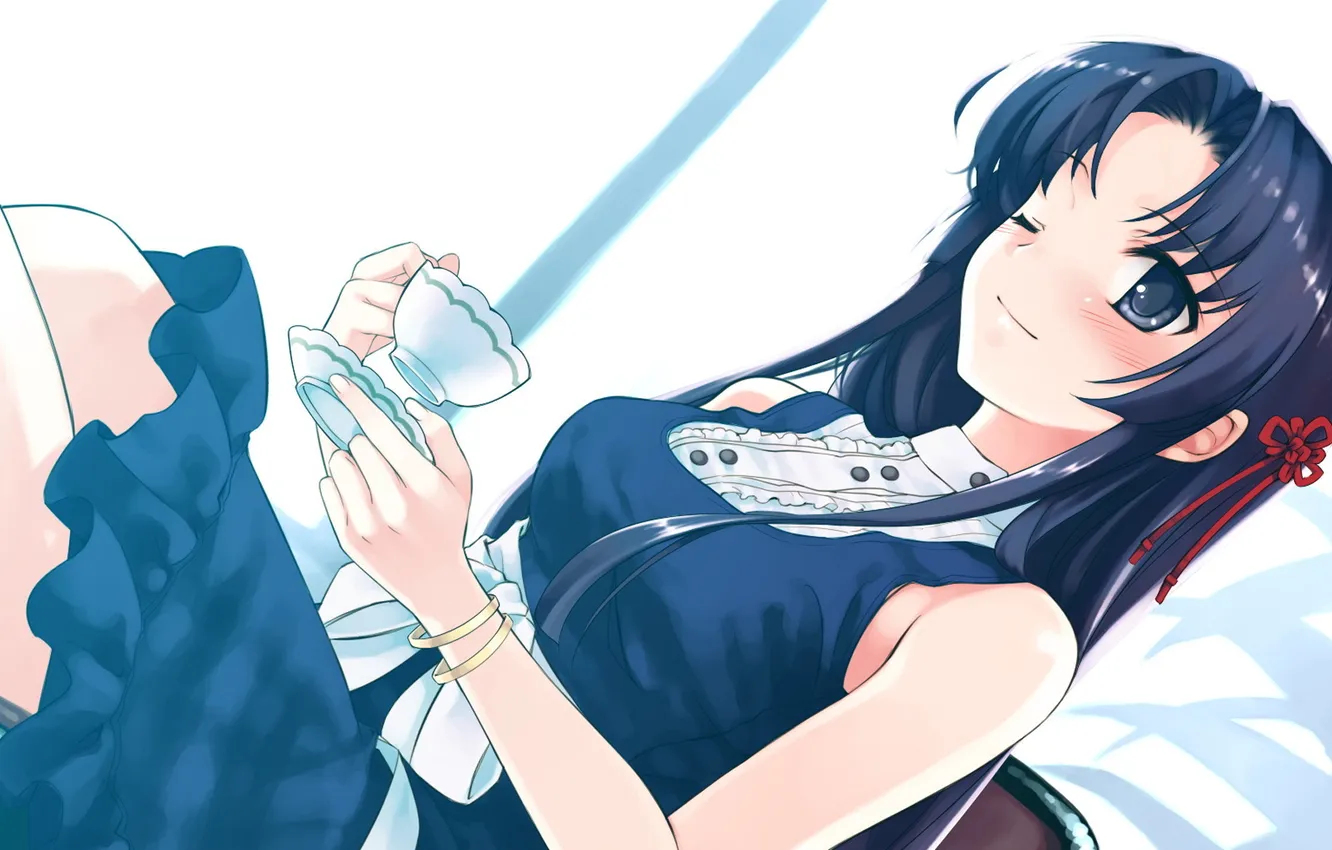 Photo wallpaper girl, smile, tea, art, winks, deep blue sky &amp; pure white wings, sayoko ko