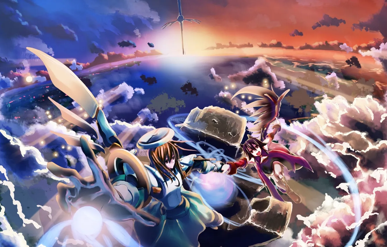 Photo wallpaper the sky, girl, clouds, flight, sunset, wings, anime, art