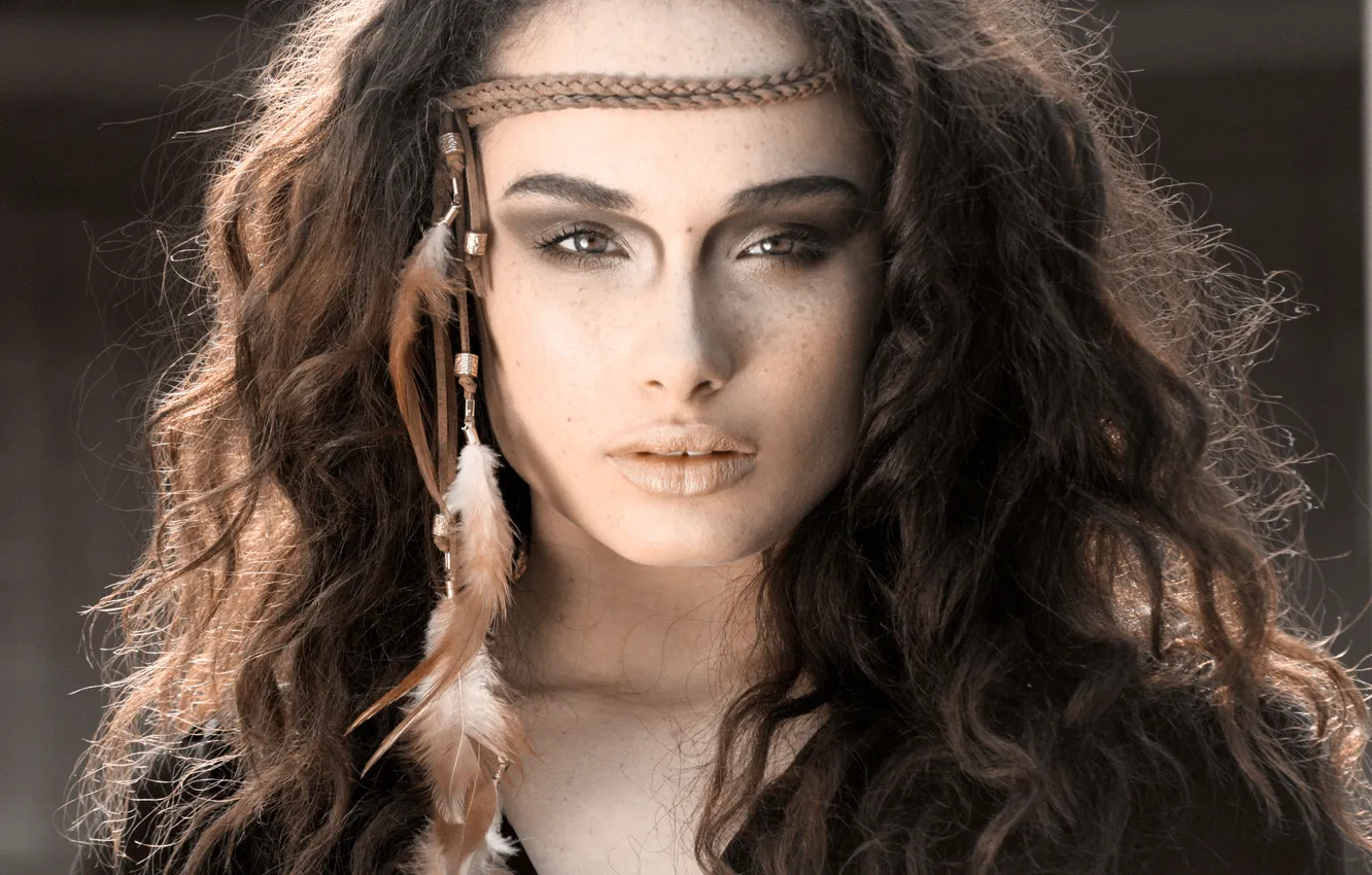 Photo wallpaper eyes, look, girl, face, background, feathers