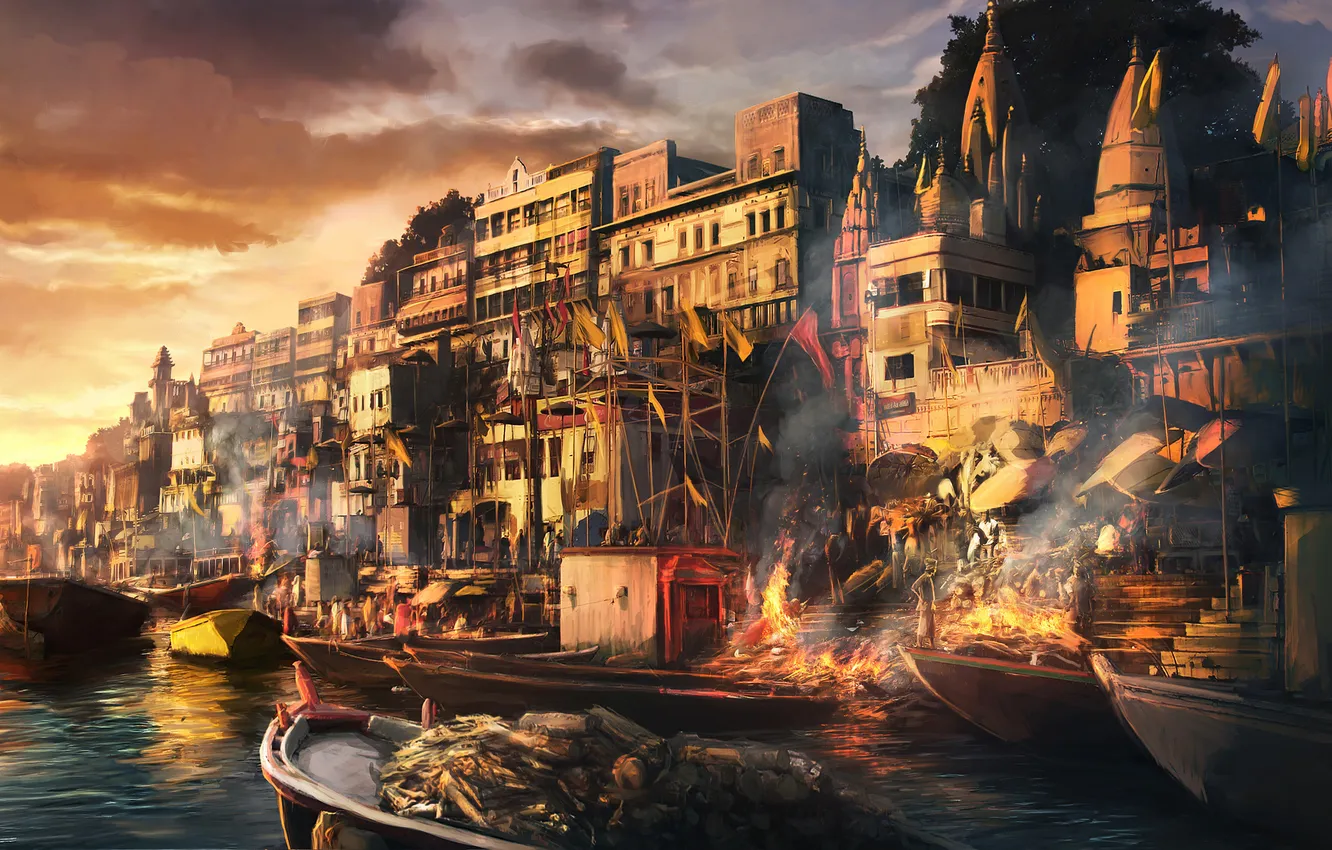 Photo wallpaper the city, fire, boat, people