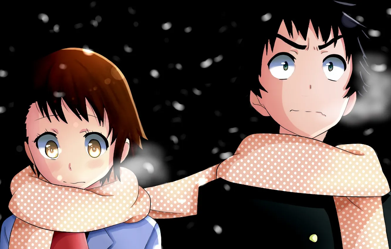 Photo wallpaper girl, night, romance, anime, scarf, art, guy, two