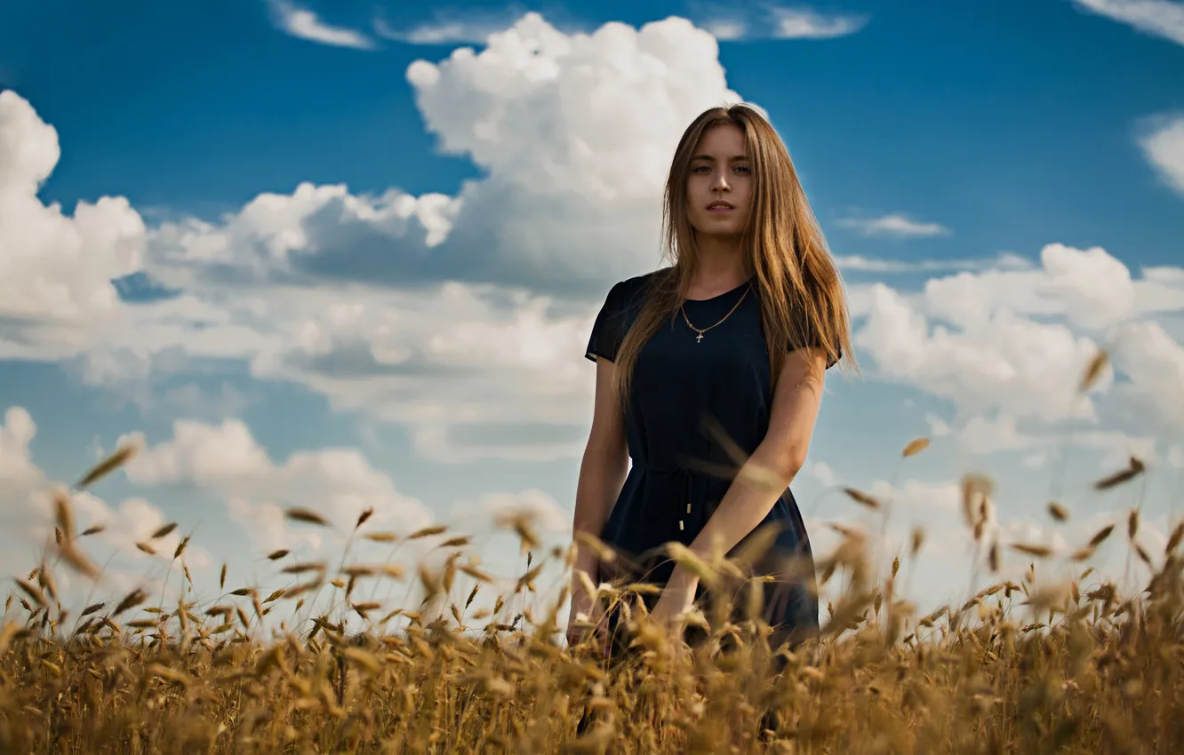 Photo wallpaper field, grass, look, girl, the sun, clouds, model, portrait
