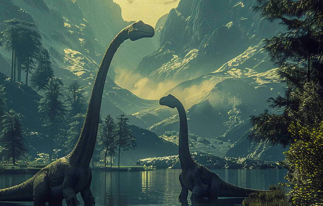 Photo wallpaper water, clouds, trees, mountains, river, animal, dinosaur, two