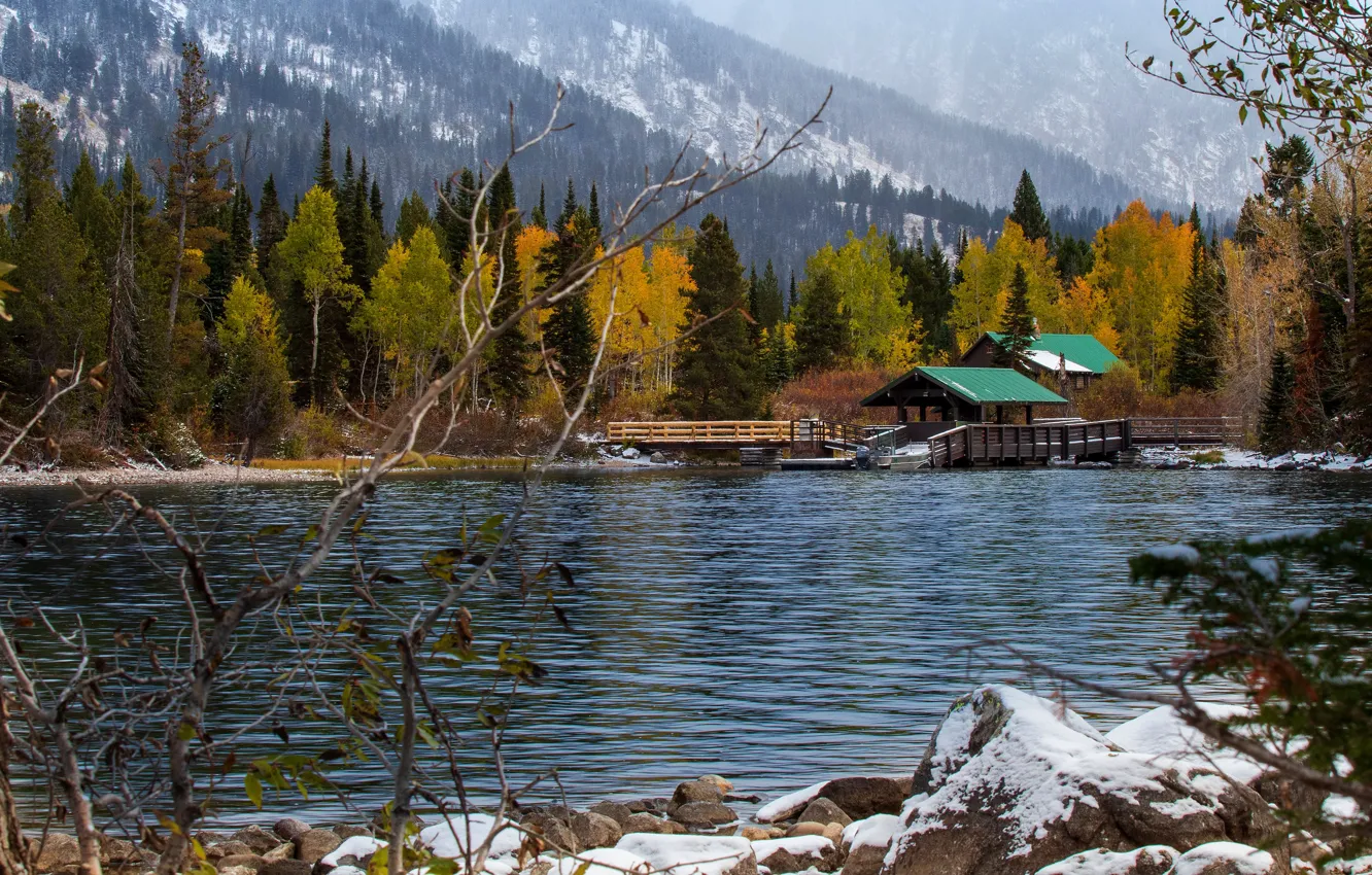Photo wallpaper autumn, forest, snow, trees, mountains, branches, lake, river