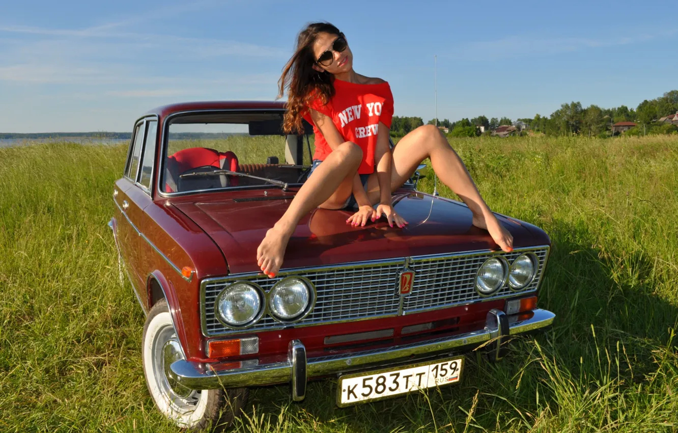 Photo wallpaper car, girl, legs, nature