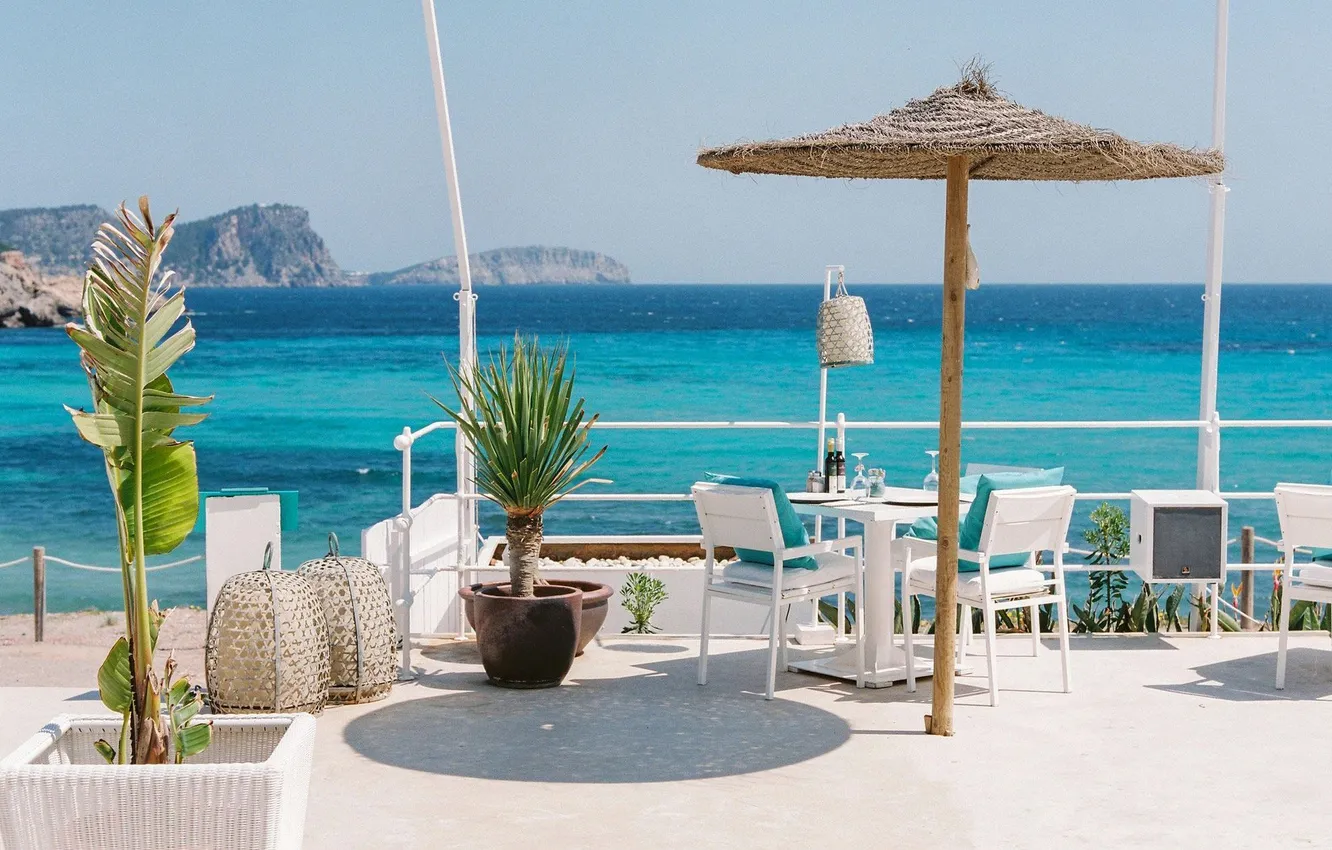 Photo wallpaper sea, summer, restaurant, Spain, Ibiza, terrace, Ibiza, beach restaurant