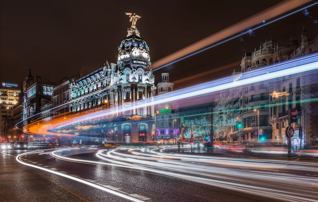 Photo wallpaper road, night, the city, building, excerpt, Spain, Madrid, Madrid