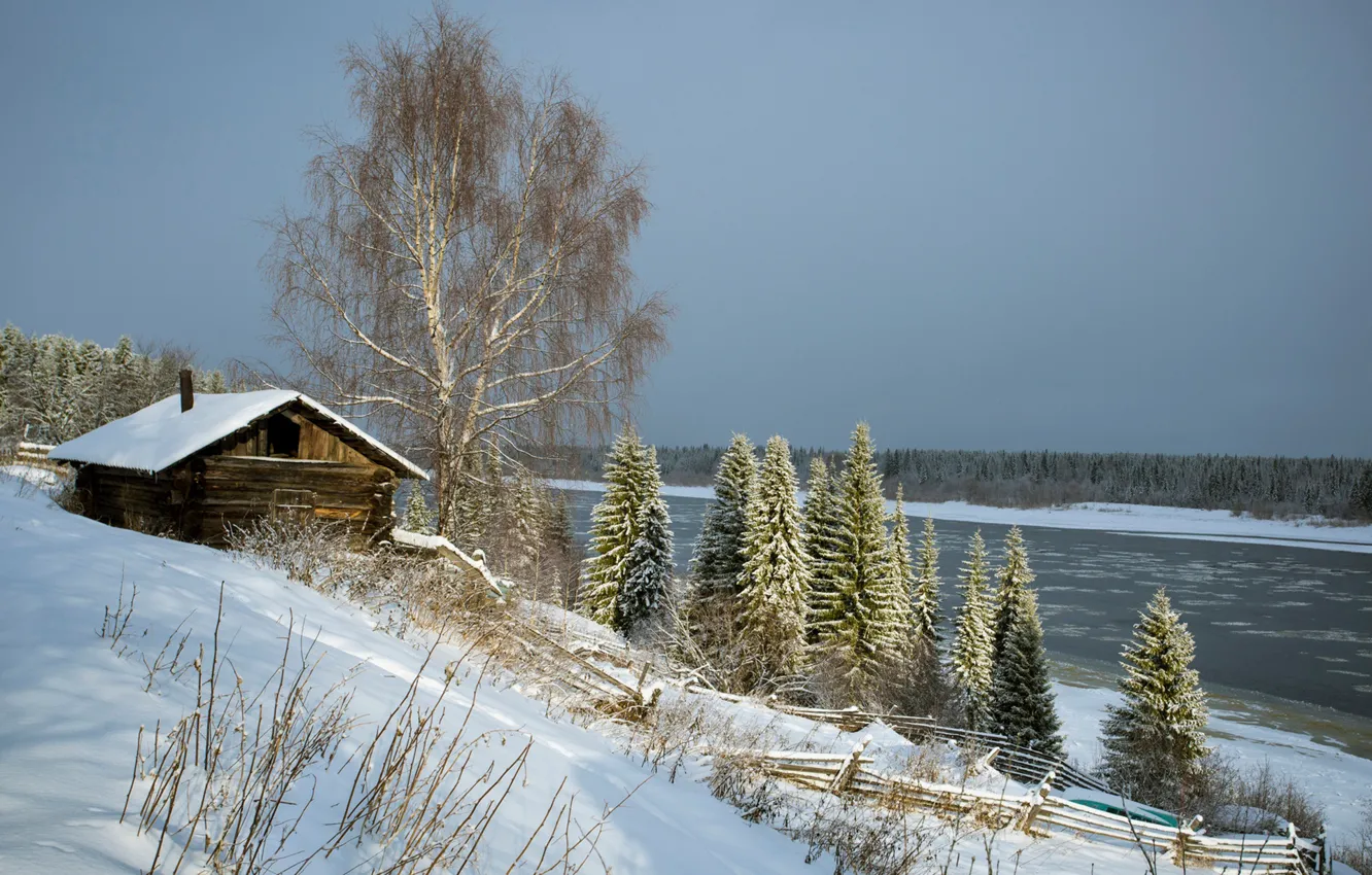 Photo wallpaper snow, river, Pechora