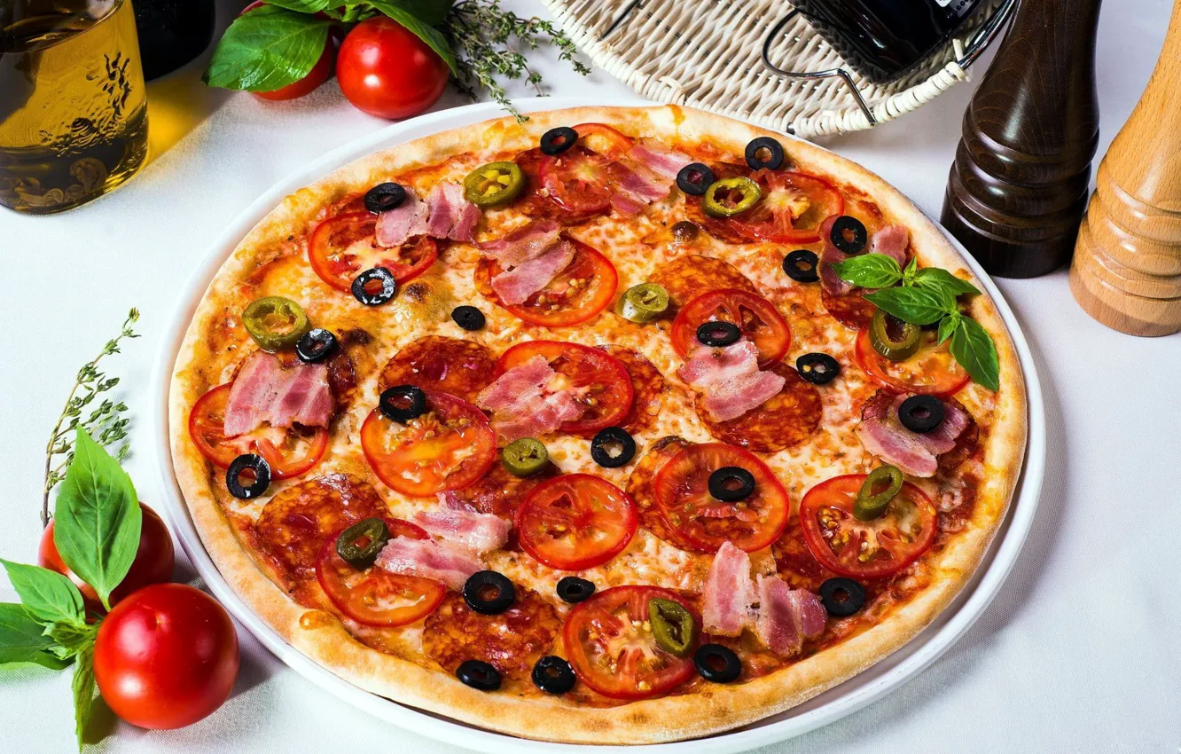 Photo wallpaper cheese, pizza, tomato, olives, bacon